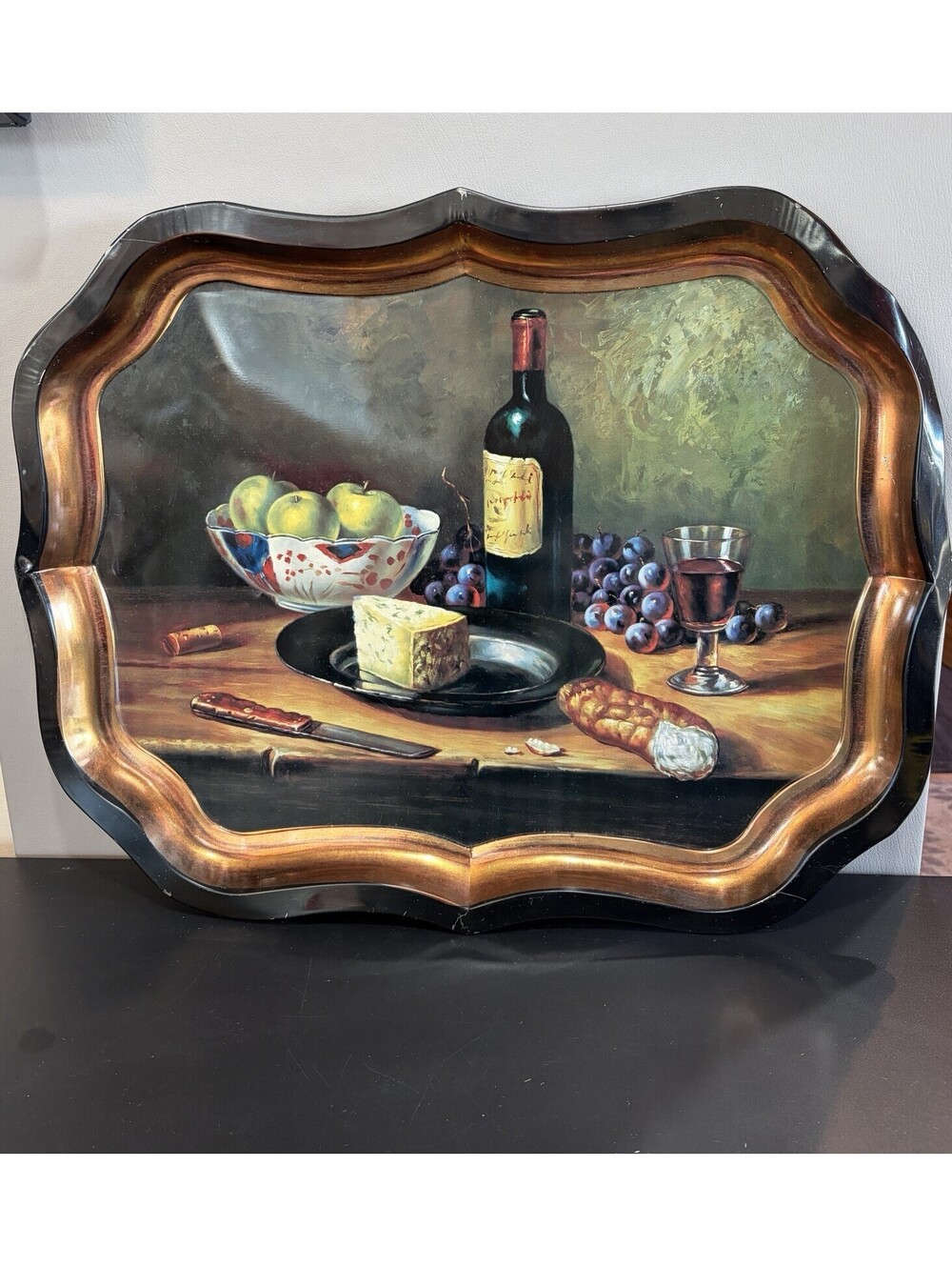 Vintage Still Life Image - Wine Cheese Fruit - On Metal Tray Wall Decor